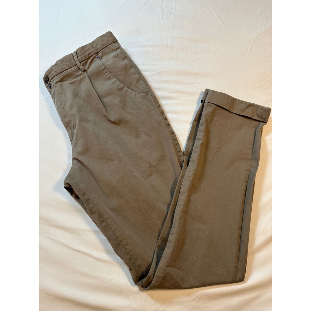 Zara Man Tan Khaki Pleated Cuffed Chino Pants USA 32 Slim Fit Stretch Cotton